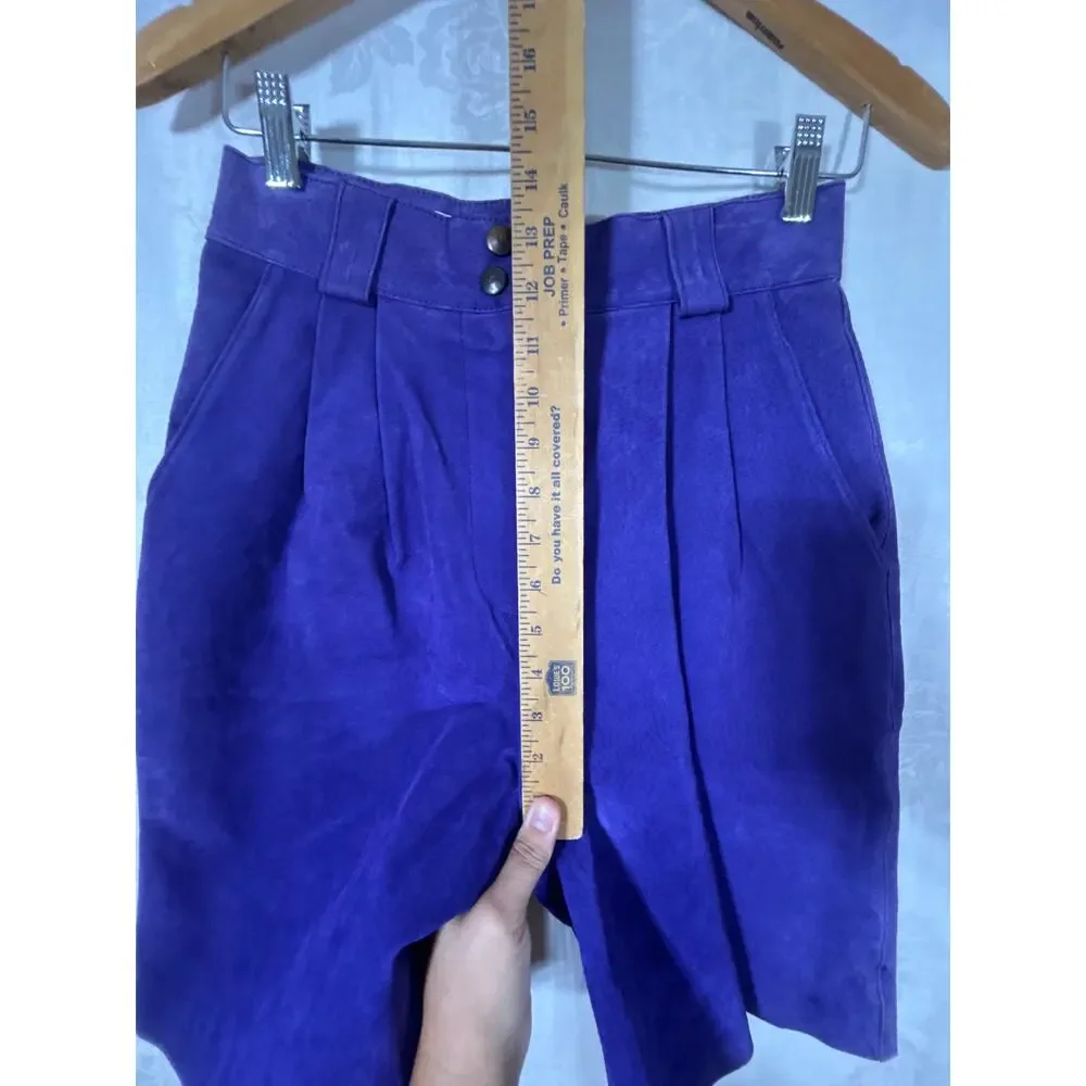 Vintage San Remo Leather Shorts 8 Purple Pleated Long Mom Lined Pebbled Suede